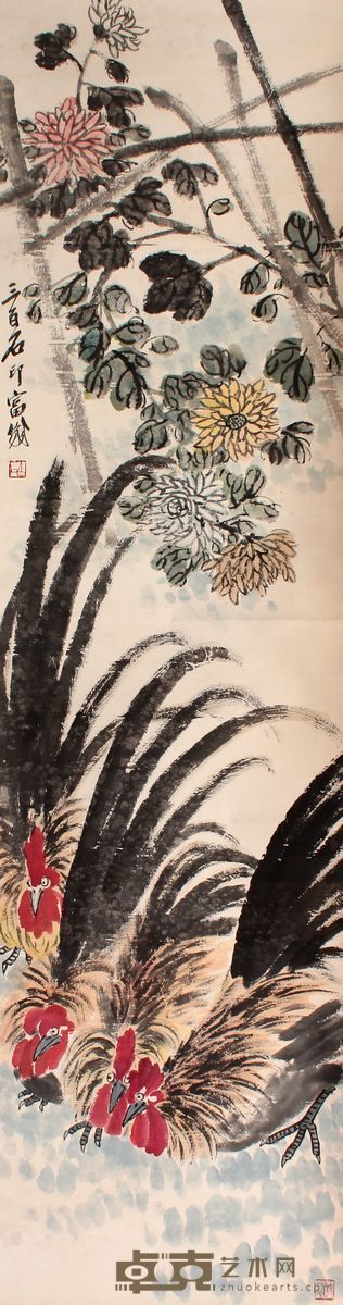 齐白石 鸡立轴 177×48