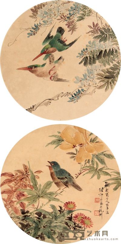 陆抑非 花鸟团扇双挖立轴 25×25×2