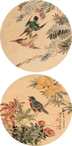 陆抑非 花鸟团扇双挖立轴