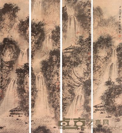 傅抱石 山水人物四屏立轴 73×14×4