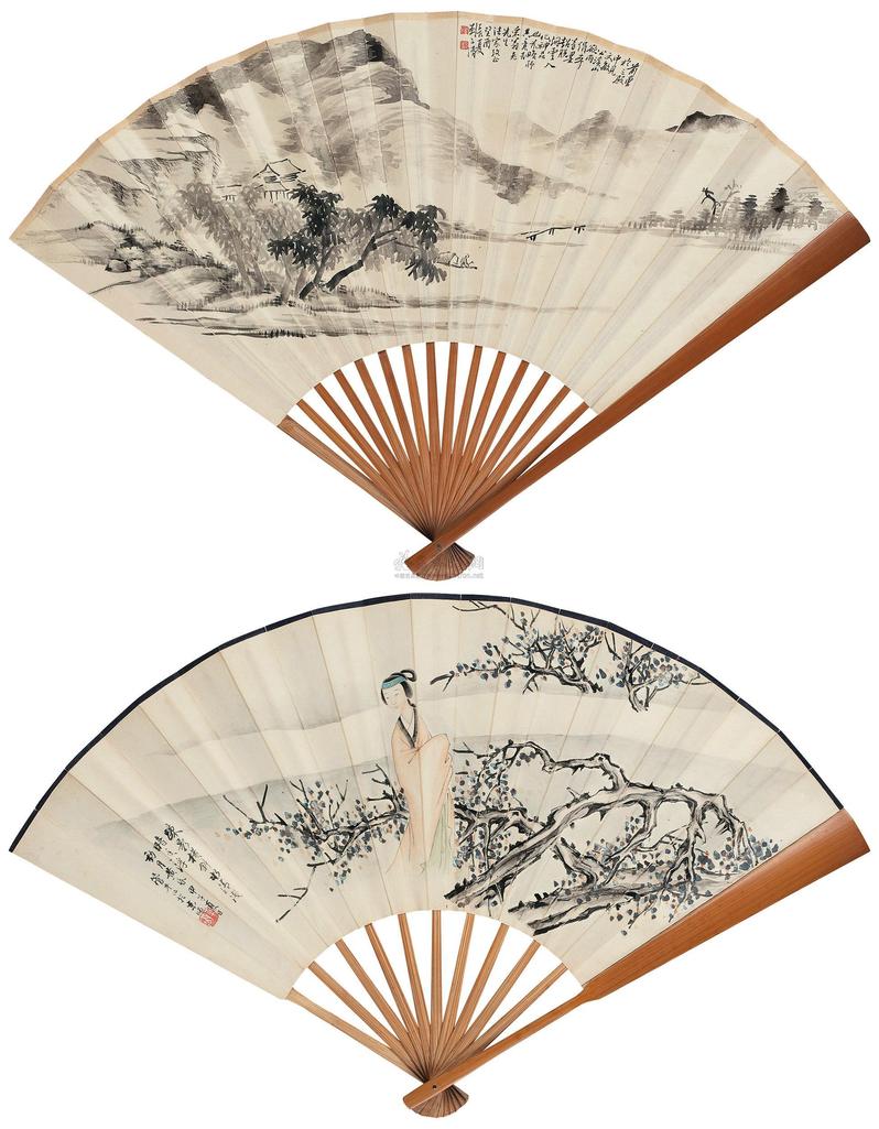 刘子清 管平 翟慰亭  癸酉（1933年）作、甲子（1924年）作、庚辰（1940年）作 溪山欲雨 仕女 行书七言诗 成扇