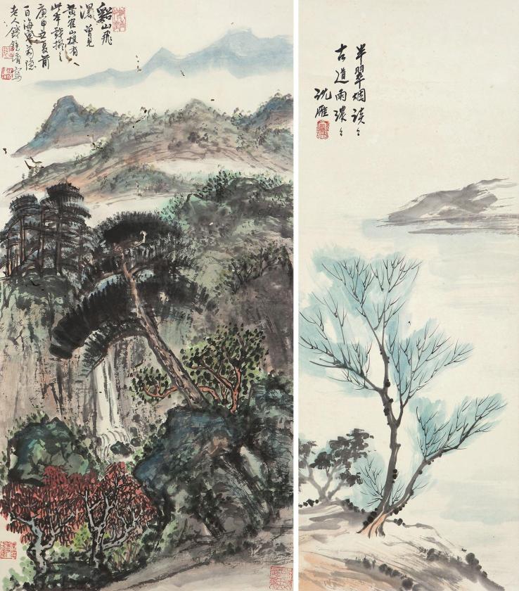 沈雁 钱镜塘 庚申（1980年）作 春色图 秋山飞瀑图 镜心立轴