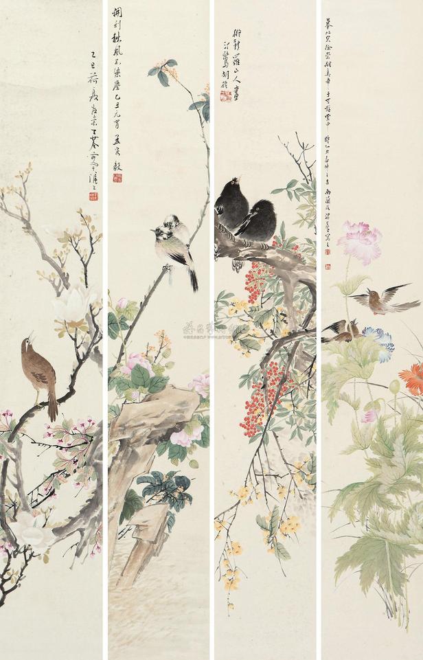 汤世澍 胡汀鹭 等 乙丑（1925年）作 花鸟 四屏