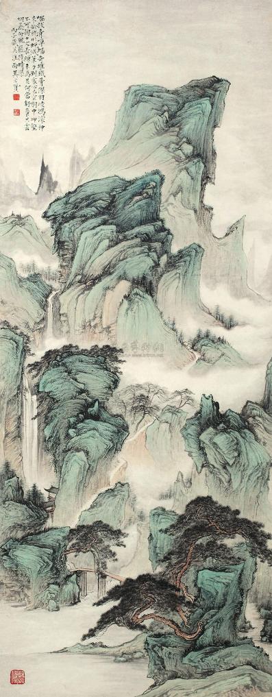 吴文质 丙子（1936年）作 青绿山水 立轴