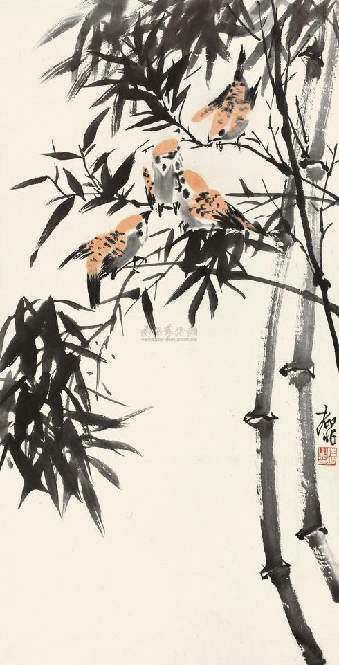 陆抑非 竹雀图 立轴