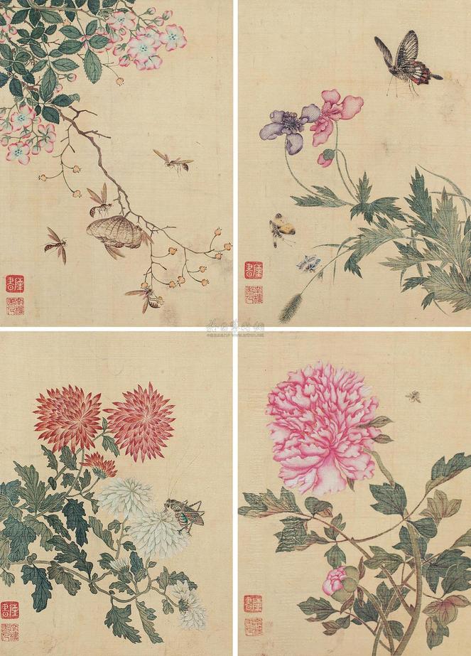 陈书 草虫花卉 （四帧） 镜心