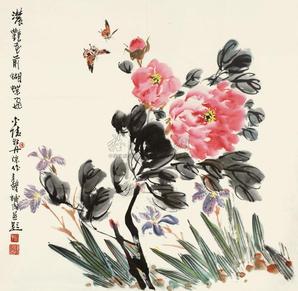 陈培光 张继馨 浓艳花前蝴蝶飞 镜心
