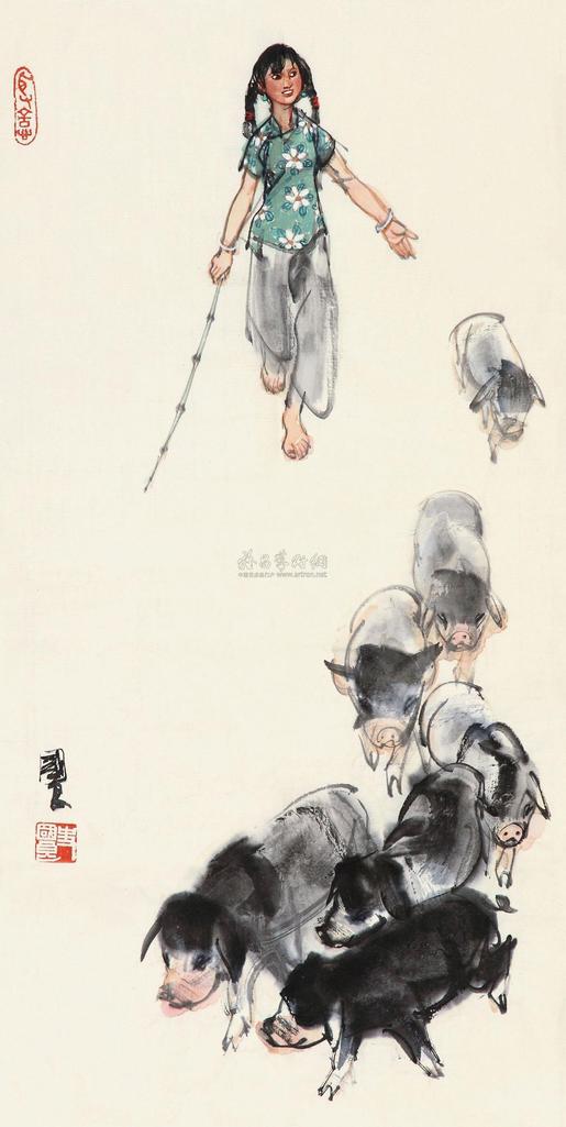 史国良 赶猪图 镜心