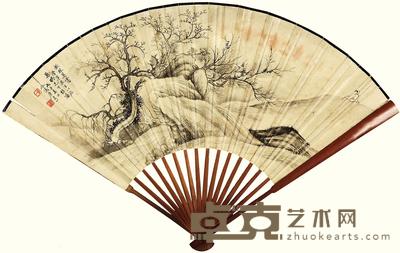 唐贞一 1948年作 秋林莫霭图 成扇 18×48cm