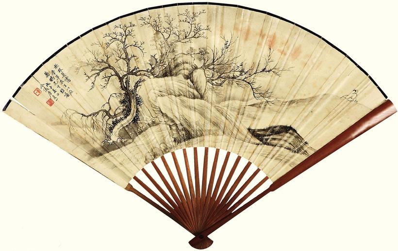 唐贞一 1948年作 秋林莫霭图 成扇