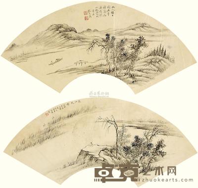 张之万 1851年作 长江帆影山水 （2件） 扇面 尺寸不一
