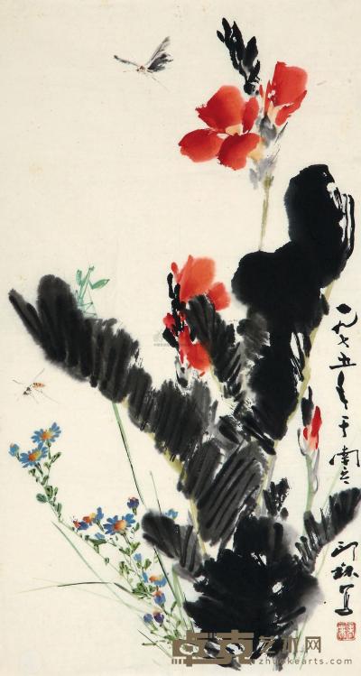 萧朗 1975年作 花卉草虫 镜心 65×34cm