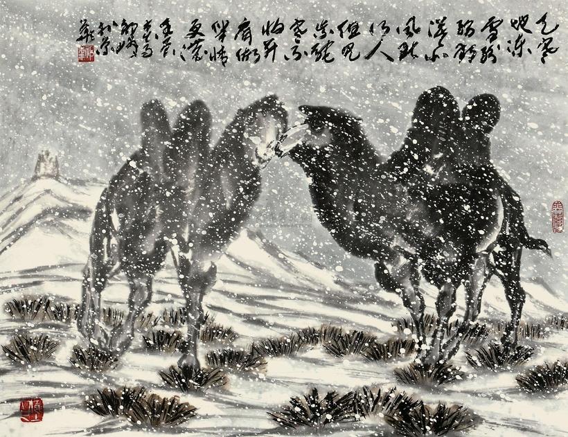 祁峰 2012年作 风雪双驼图 立轴