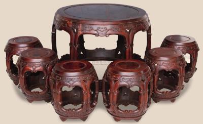 红木雕云纹鼓式圆桌 （七件）