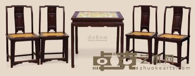 红木嵌粉彩瓷板方桌 （五件） 桌78×78×77cm；椅47×37×92cm