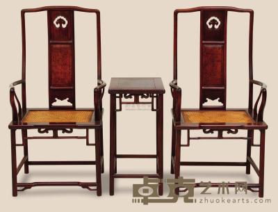 红木嵌影木明式扶手椅 （三件） 椅58×47×118cm；几45×35×70cm
