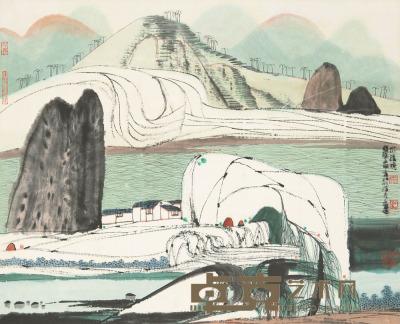 薛亮 壬申（1992）年作 山川胜境 镜框 48×59cm