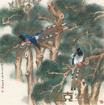 刘伯农 壬午（2002）年作 松林双鹊 立轴 66×66cm