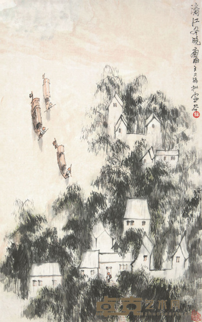 贾又福 庚申（1980）年作 漓江冬晓 立轴 67×41cm