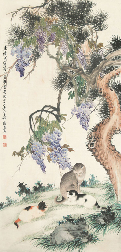 张熊 戊寅（1878）年作 猫戏 立轴