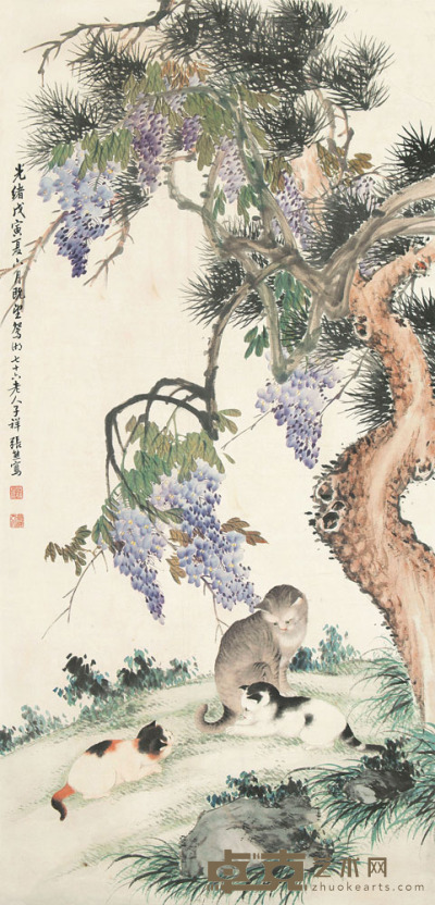 张熊 戊寅（1878）年作 猫戏 立轴 150×72cm