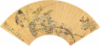 任伯年 丙戌（1886）年作 紫藤小鸟 扇片