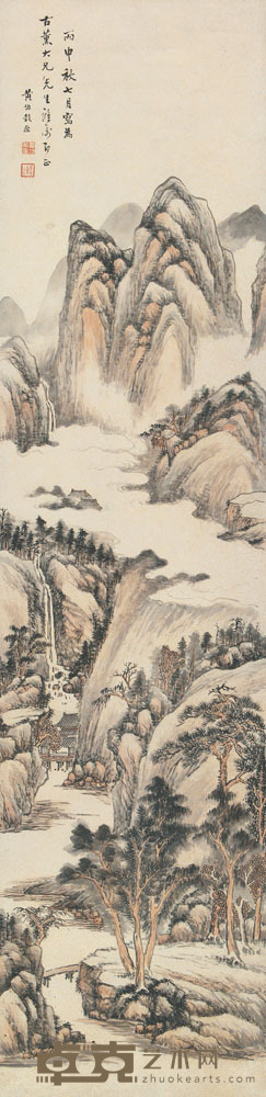 黄均（古） 丙申（1816）年作 云山萧寺 立轴 154×37cm