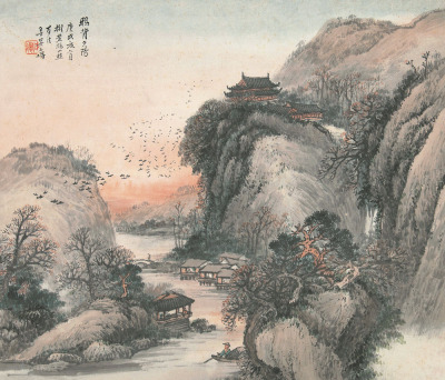 吴石僊 庚戌（1910）年作 鸦背夕阳 立轴