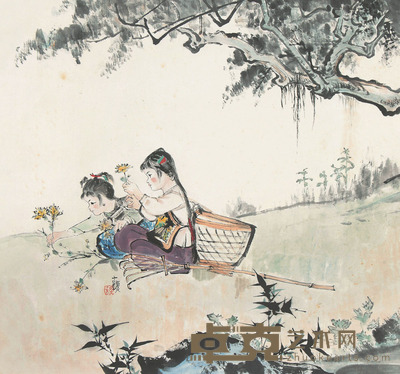 程十发 农闲时光 立轴 49×53cm