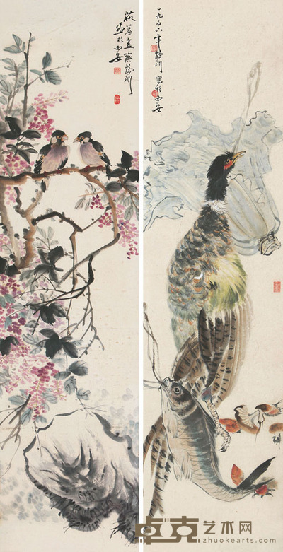 蔡鹤州 枝头双禽 (两幅) 镜片 135×33cm×2