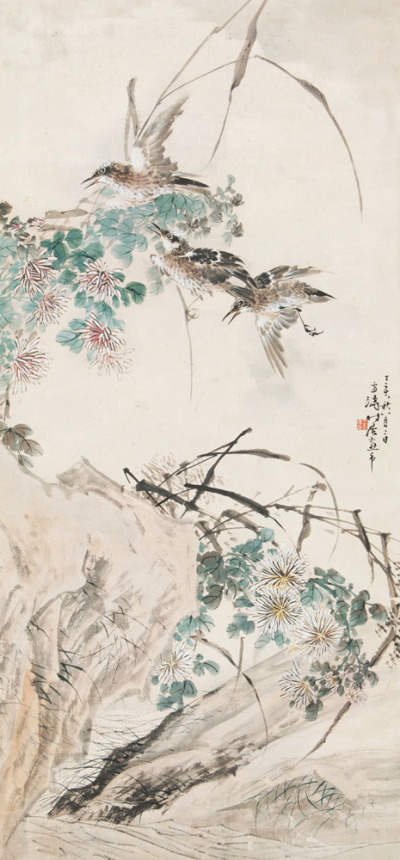 王雪涛 丁亥（1947）年作 秋菊小鸟 立轴