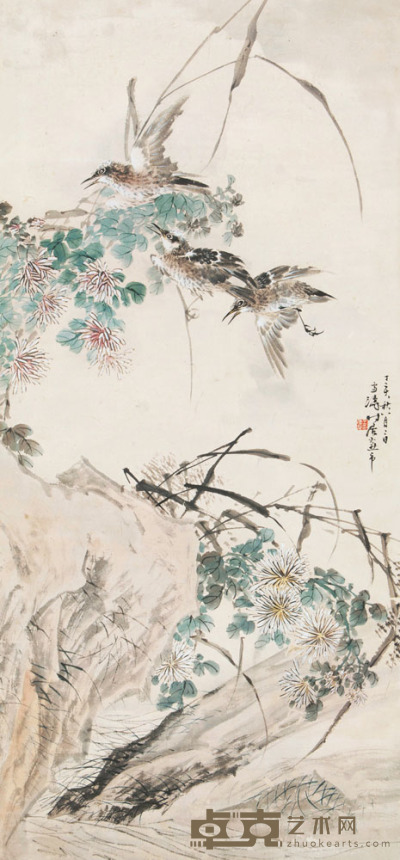 王雪涛 丁亥（1947）年作 秋菊小鸟 立轴 114×53cm