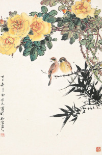 田世光 丁巳（1977）年作 花间鸟语 立轴