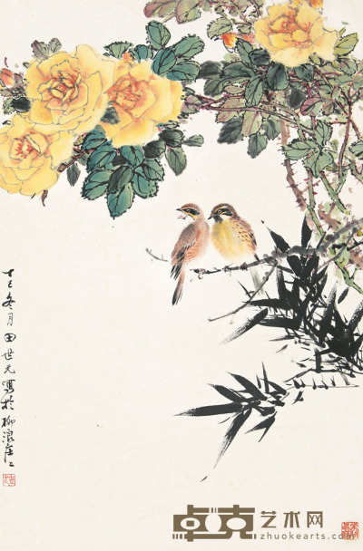 田世光 丁巳（1977）年作 花间鸟语 立轴 68×44cm