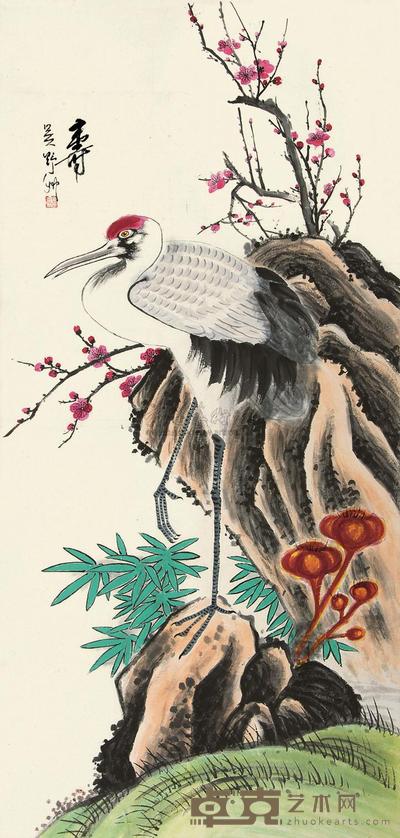吴野洲 梅鹤高寿 立轴 96×47cm