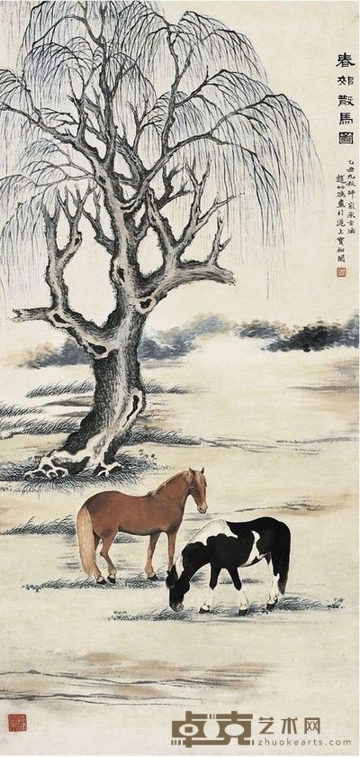 赵叔孺 春郊散马图 108×52cm