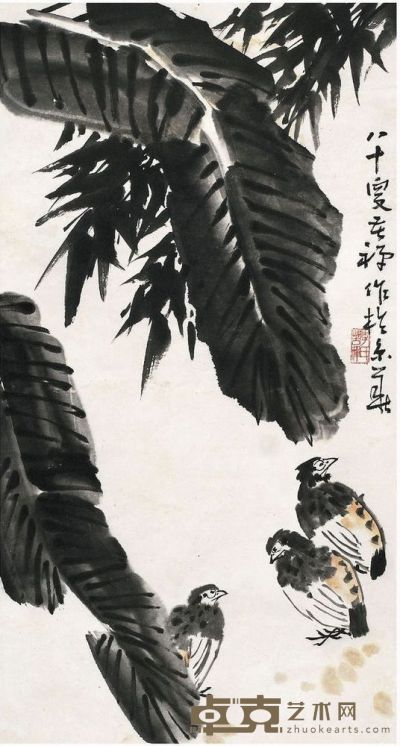 李苦禅 芭蕉小鸟图 87.5×47cm