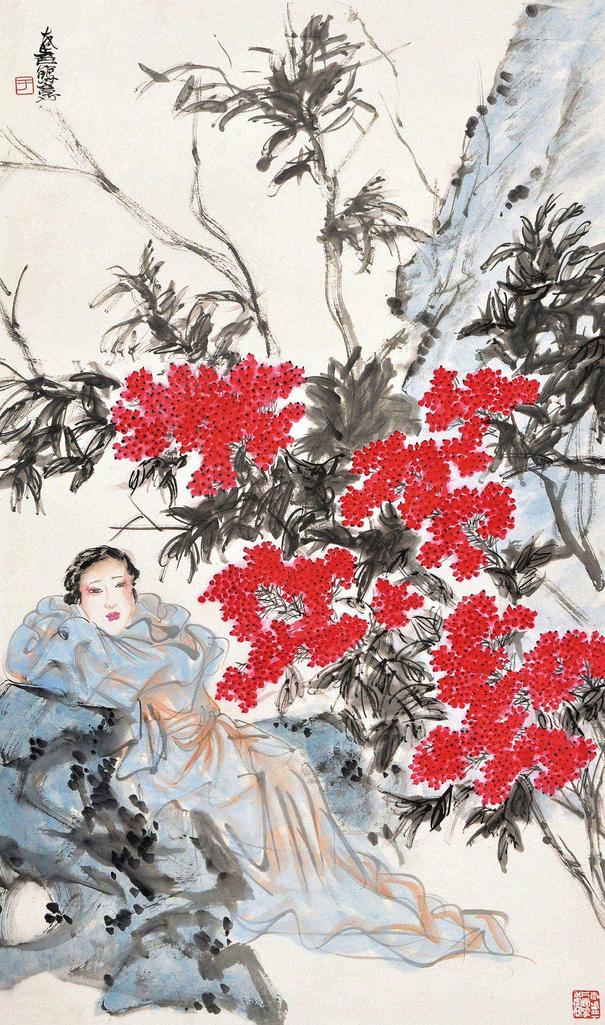 于友善 花荫仕女图 镜心