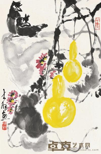 陈大羽 葫芦双禽 镜心 69×45cm