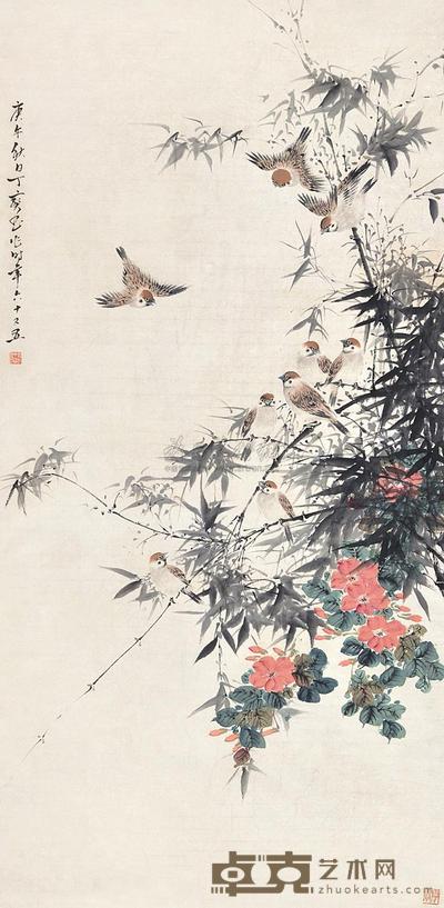丁宝书 竹雀图 立轴 136×70cm