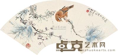 丁宝书 枝头小鸟 扇片 20×52cm