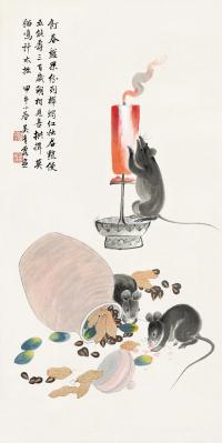 吴青霞 甲午（1954）年作 灯台鼠嬉 立轴