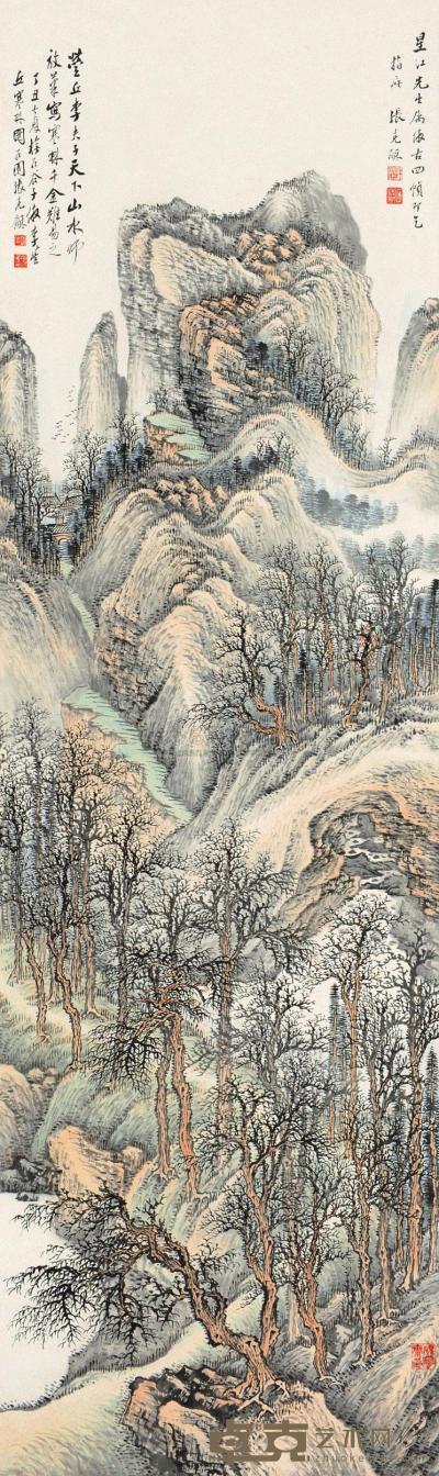 张石园 丁丑（1937）年作 寒林萧寺 立轴 147×44cm