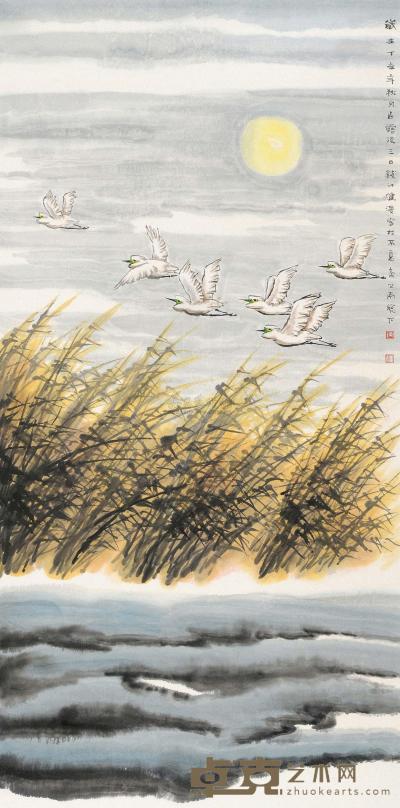 钱行健 丁亥（2007）年作 芦塘飞禽 镜片 138×69cm