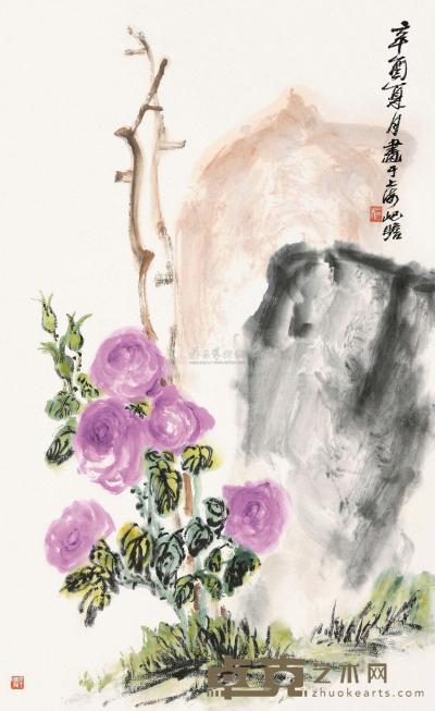 朱屺瞻 辛酉（1981）年作 月季花开 镜片 97.5×60.5cm