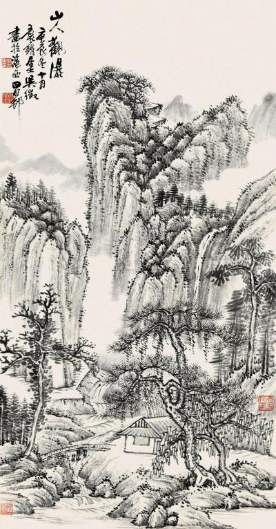 吴徵 庚辰（1940）年作 山人观瀑 立轴