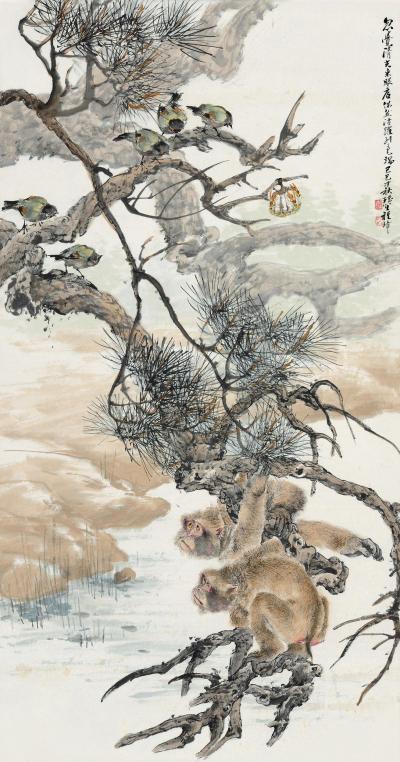 程璋 己巳（1929）年作 松鸟蜂狲 镜片