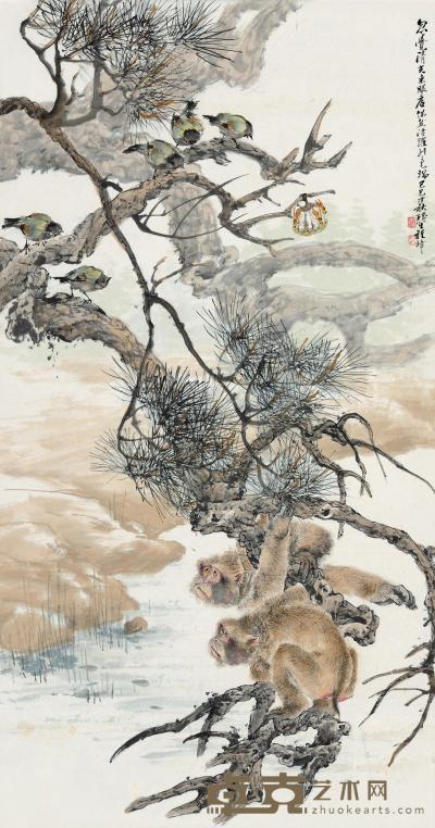 程璋 己巳（1929）年作 松鸟蜂狲 镜片 106×56cm