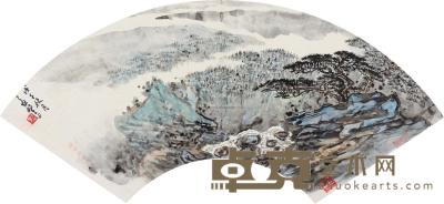 应野平 戊午（1978）年作 松溪图 扇片 18×51.5cm