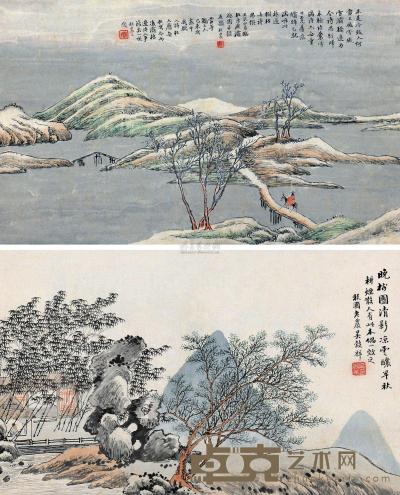 吴榖祥 壬辰（1892）年作 晚树清秋 （二幅） 镜片 32×51cm×2